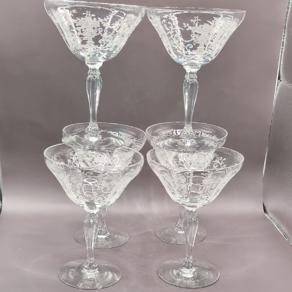 Six 6 Vintage Fostoria Florentine Etched Crystal Champagne Coupe Glasses 5.5"